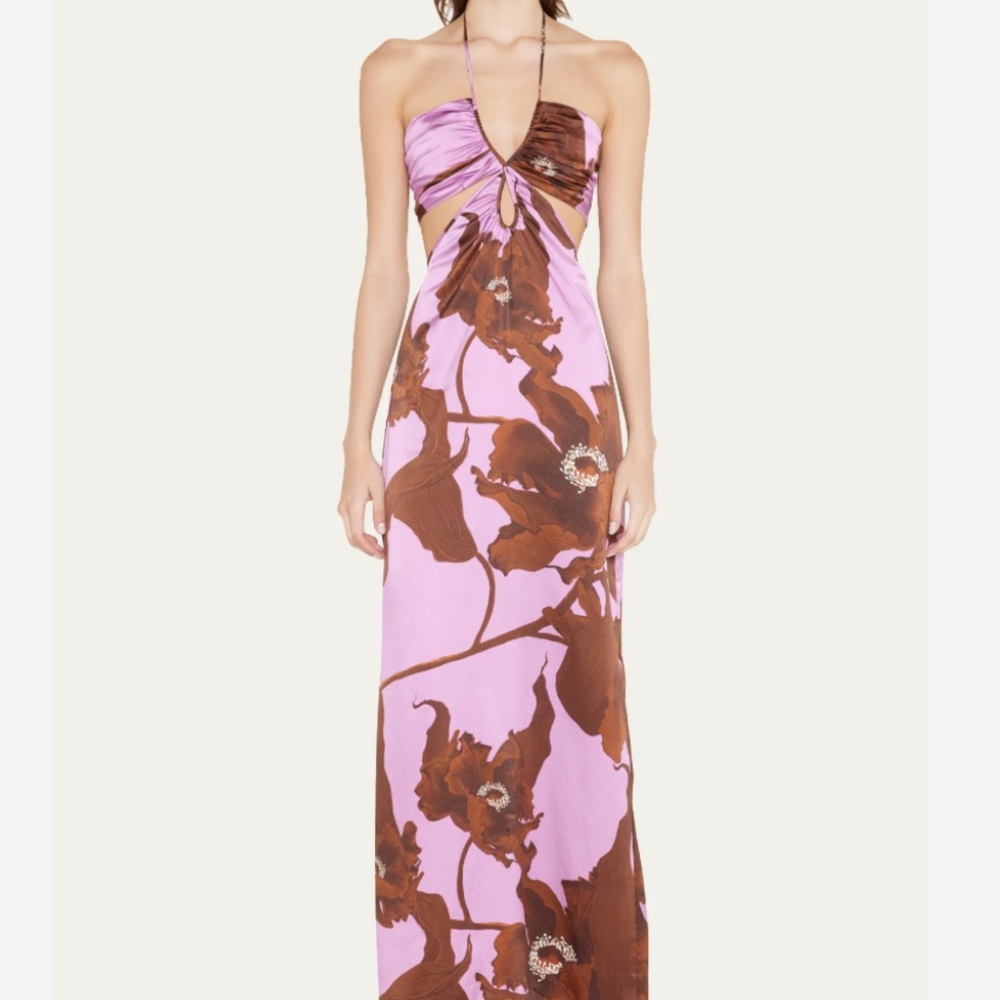 Johanna Ortiz Pink Maxi Dress with Brown Floral Print